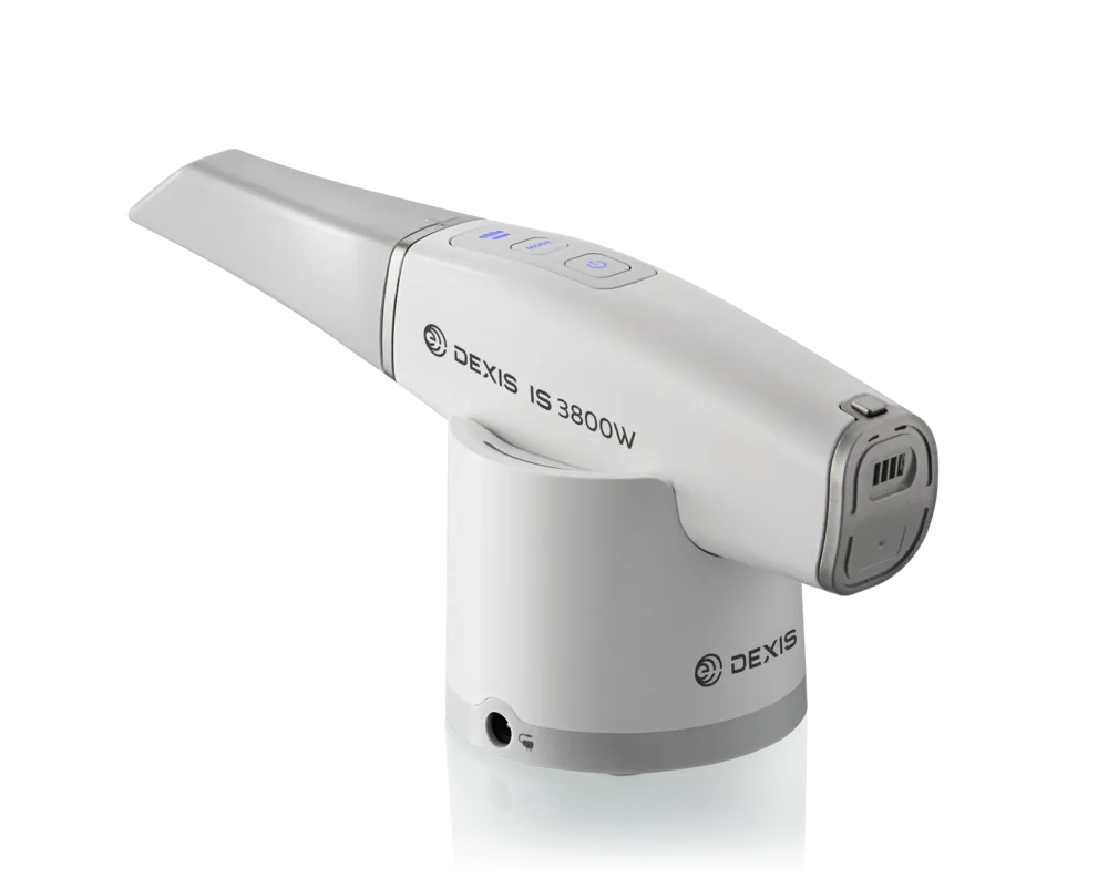 DEXIS IS 3800W intraoral scanner in its charging base